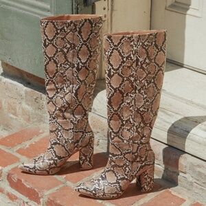 Lulus Katari Tan Snake Pointed-toe Knee High Boots Beige - Size 8